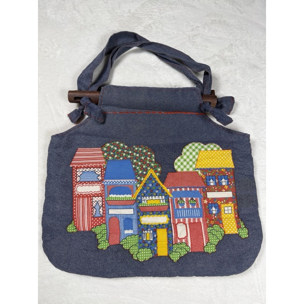 Vintage Handmade Denim Patchwork House Scene Tote Bag Wooden Frame Folk Art